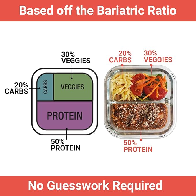 Portion Control Containers for Bariatric Meals – 8 oz Glass Meal Prep Containers with Two 4 oz Compartments and Lids (3 Pack), Reusable Bento Lunch Boxes