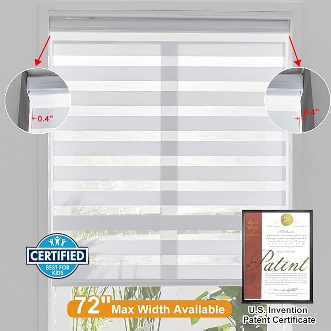 Persilux Zebra Blinds for Windows, Cordless Roller Shades Window Treatments (57" W x 72" H, White) Light Filtering Dual Layer Roller Window Shades Light Filtering Sheer Shades for Home and Office