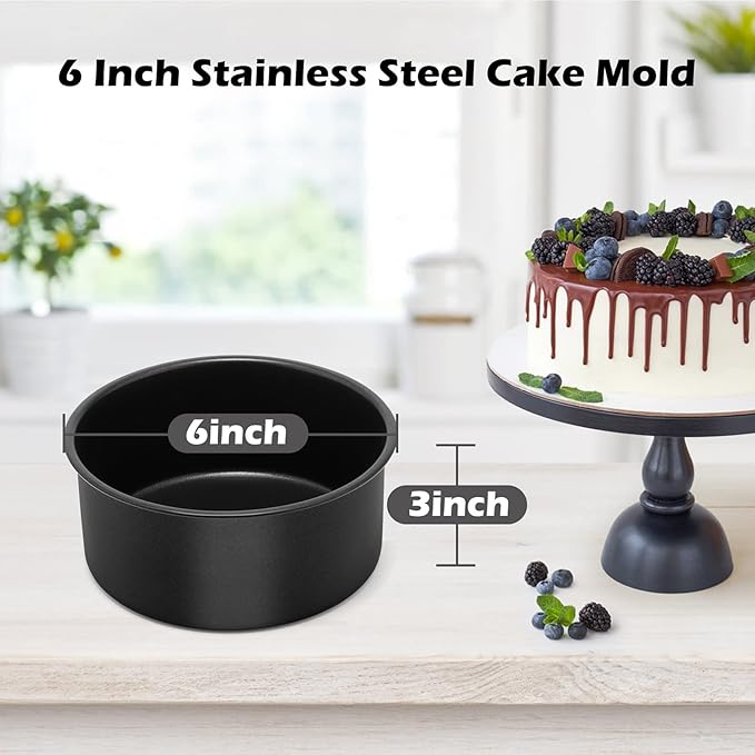 LIANYU 6 inch Cake Pans for Baking, Round Cake Pan Set of 4, Nonstick Stainless Steel Baking Tin Bakeware for Birthday Wedding Party, Non Toxic Coating, 3 Inch Deep, Black