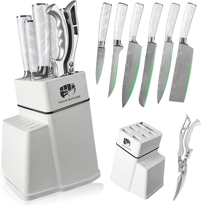 FULLHI 8pcs block Knife Set,chef's Knves Set with Block and Sharpener, Kitchen Knife Set,Multi-colour Handle, Gifts for Men Women