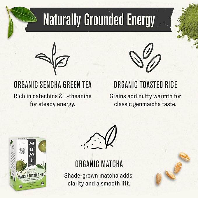 Numi Organic Tea Matcha Toasted Rice, 18 Count (Pack of 1) Box of Tea Bags, Green Tea (Packaging May Vary)