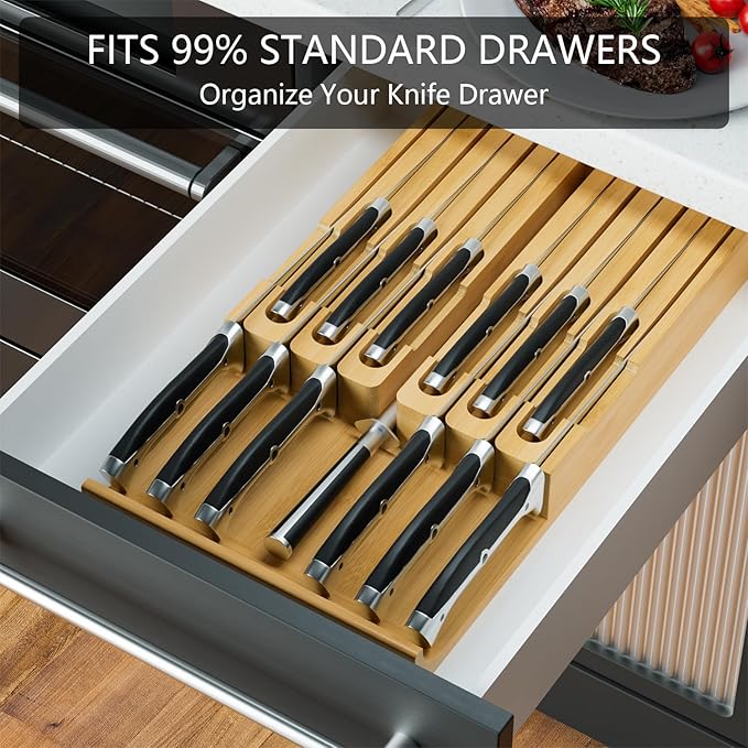Domax Bamboo In-drawer Knife Block - Knife Drawer Organizer Insert Large Handle Steak Knife Holder, Kitchen Drawer Knife Organizer Fits for 12 knives and 1 Sharpening Steel (Not Included)