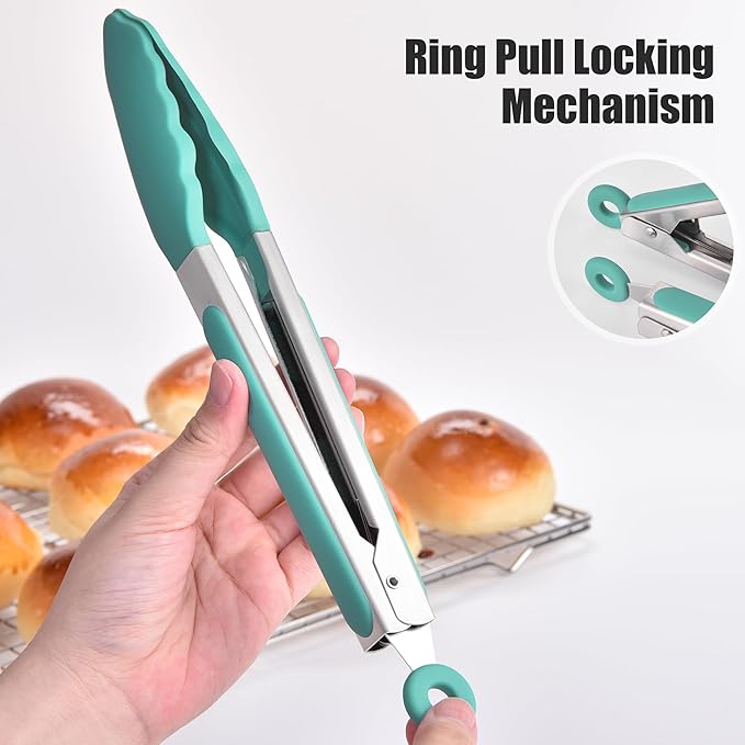 Doosu Kitchen Tongs for Cooking - 600°F Heat Resistant Food Tong Set with Non-Scratch Silicone Tips, Heavy Duty Stainless Steel Locking Tong for BBQ, Grilling Steak, Serving Salad (9+12in, Aqua Sky)