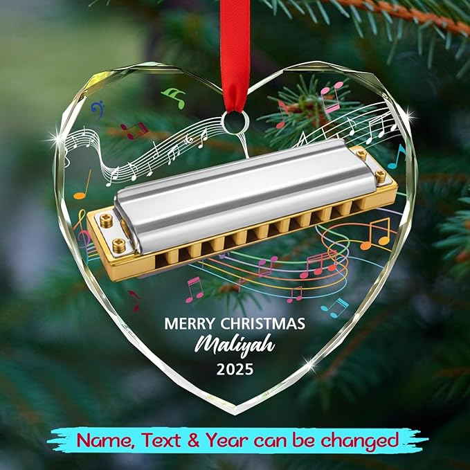 Customized Harmonica Glass Keepsake Ornament, Personalized Text Year Name Harmonica Player Xmas Ornaments Gift for Husband Wife Dad Mom, Unique Harmonicas Glass Christmas Ornament for Appreciation
