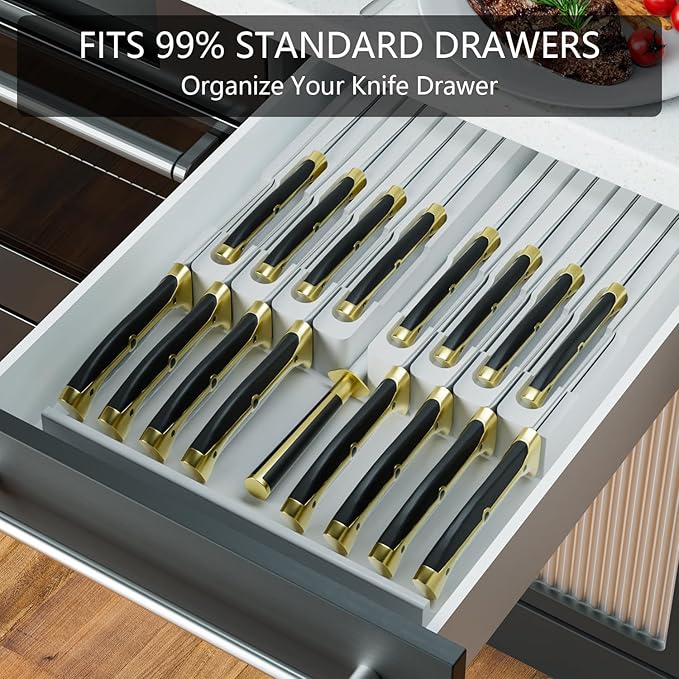 Domax Bamboo In-drawer Knife Block - Knife Drawer Organizer Insert Large Handle Steak Knife Holder, Kitchen Drawer Knife Organizer Fits for 16 knives and 1 Sharpening Steel (Not Included), White