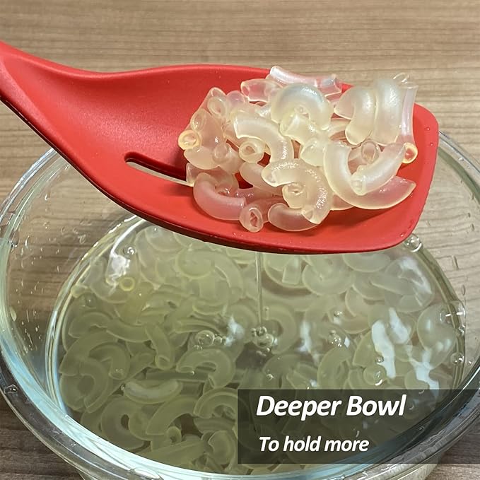 2 Pack Large Silicone Cooking Spoon, Non-Stick Slotted and Solid Spoon set with Deep Bolw and Measurement Mark for Mixing, Serving, Draining, Scooping, Scraping, Heat Resistant Kitchen Utensils, Red