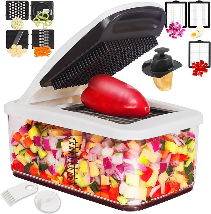 RüK Vegetable Chopper, Extra Large Chopper Vegetable Cutter, Multifunctional 10-in-1 Pro Food Chopper - 6 Blades, 4 Vegetable Spiralizers, E-Recipes - Veggie Chopper with Container