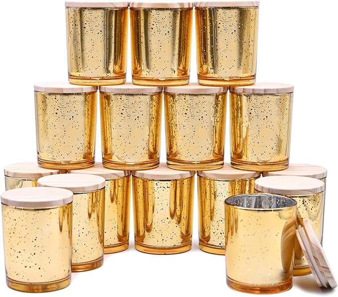 Thick Candle Jars for Making Candles 16 Pcs, 7 OZ Empty Jars with Wood Lids for Candle Making, Sample Container, Gold