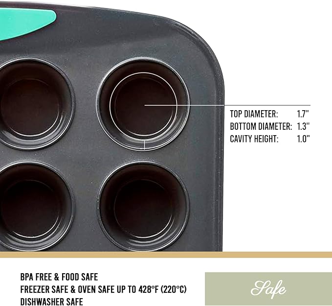 Trudeau 24-Cup Silicone Muffin Pan – Hybrid Non-Stick Bakeware with Steel Frame, Flexible Silicone with Hard Lining to Hold Shape, BPA-Free, Dishwasher Safe, Heat Safe to 428°F, Grey/Mint