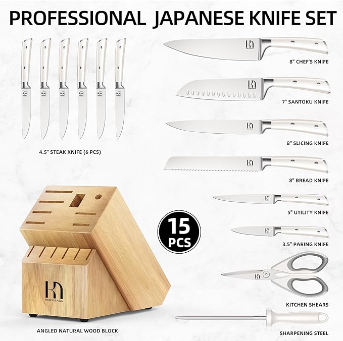Knife Set Premium, Japanese 15 Pcs High Carbon Stainless Steel Kitchen Knife Block Set with Sharpener, Razor Sharp Knives Set for Kitchen with Natural Wood Block, Long-Lasting Edge