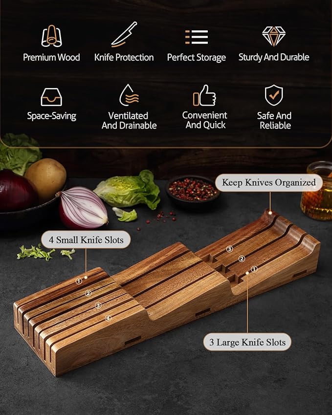 XINZUO In-drawer Knife Block, Natural Acacia Knife Drawer Oganizer, Insert-Kitchen Storage Holder, 7 Slots, Holds up to 7 Various Size Knives, Countertop Saving&Knife Protective