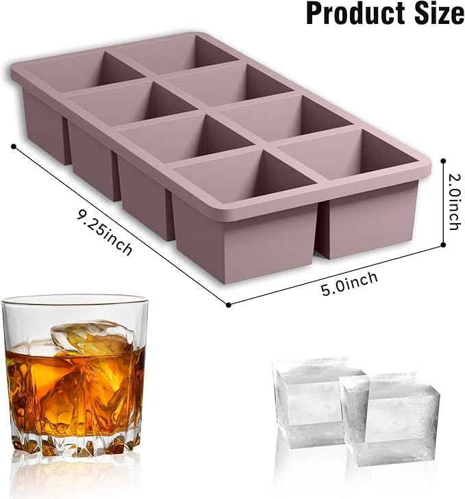 Samuelworld Large Silicone Ice Cube Tray Molds, 3-Pack, Big 2 Inch Cubes - Food Grade, Flexible, 8 Cavity Easy Release Slow Melting Ice for Whiskey, Cocktails, Gifts & Christmas - Green/Pink/Blue