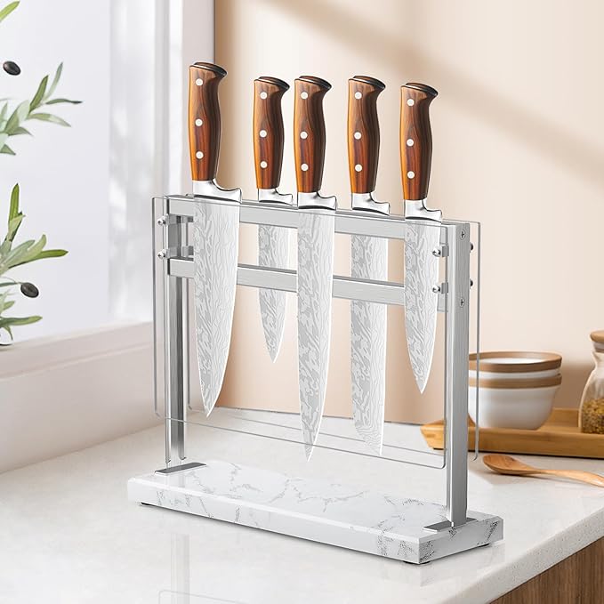 Acrylic Shield Magnetic Knife Block Holder - Marble Base Magnetic Knife Stand for Counter Top -Double Sided Magnetic Knife Holder -Stainless Steel Kitchen Knife Block without Knives -White