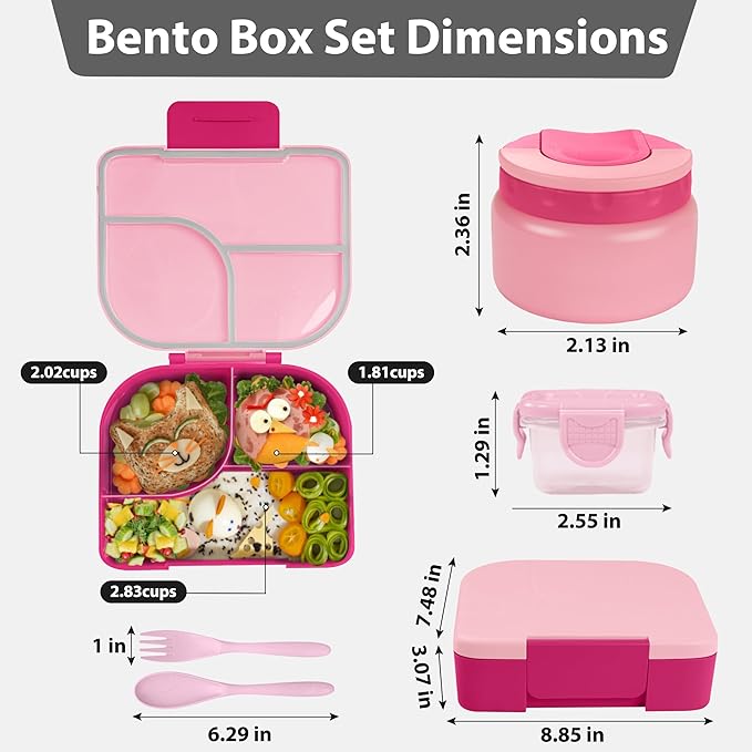 TinyPalsa Bento Box for Kids with 10oz Thermos, Durable Lunch Box with Leak Proof Insulated Food Jar, 3 Compartments with Portable Handle for Ages 3+, Dishwasher Safe, Ideal for School, Travel (Pink)