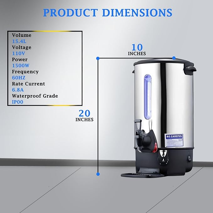 Commercial Electric Kettle Warmer Stainless Steel Hot Water Dispenser Hot Water Boiler And Warmer with Faucet Quick-Temp or Boil for Tea Coffee 1500W 15.4 Liter Capacity