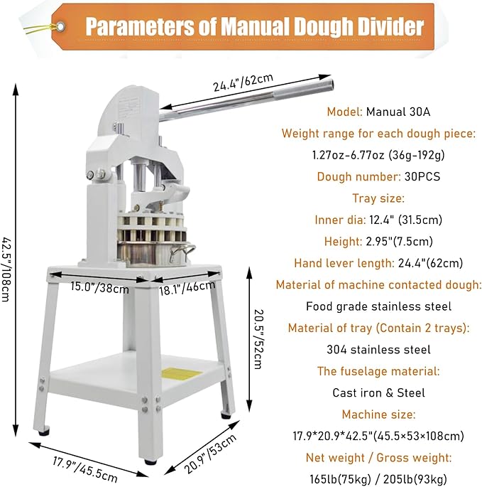 Commercial Dough Divider Manual 30PCS Dough Divider 1.27oz-6.77oz Heavy Duty Dough Cutter Machine with 36-192g Dough Weight Range for Baking, 30PCS