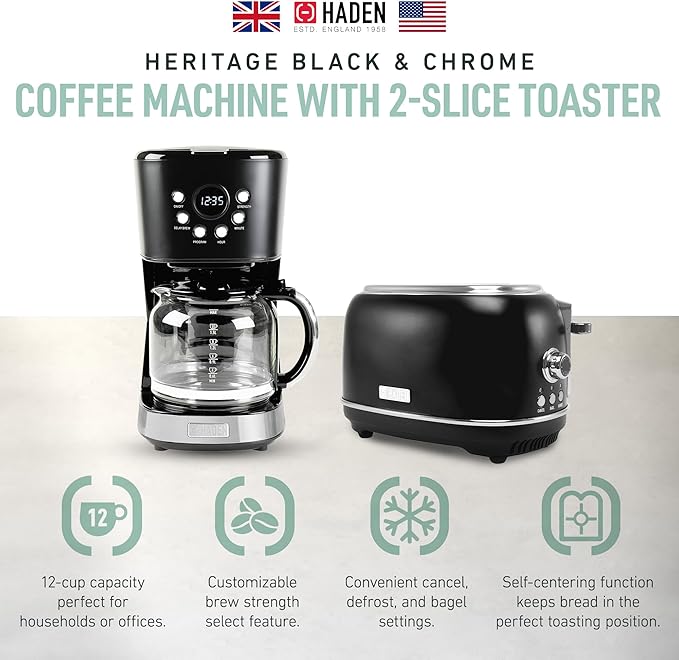Haden 12 Cup Programmable Drip Coffee Maker Coffee Machine Bundled with Heritage 2 Slice Wide Slot Stainless Steel Toaster, Turquoise & Chrome