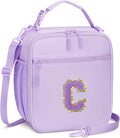 Initial Insulated Lunch Bag for Girls Kids, Back to School Gift, Reusable Leak-proof Lunch Box with Adjustable Strap for School Daycare Travel Picnic (Purple,C)