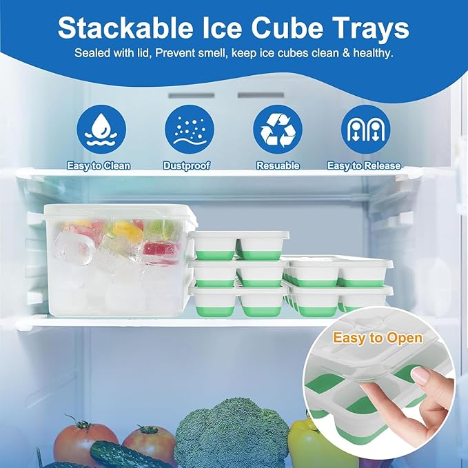 Ice Cube Tray, Ice Cube Trays for Freezer 5 Pack with Lids, Ice Tray Easy-Release, Ice Trays for Freezer Stackable, Silicone Ice Cube Tray for Drinks, Coffee - BPA-Free and Odor-Free