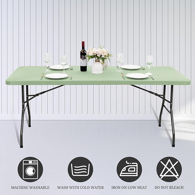 6 Pack Stretch Fabric Table Top Cap Cover, fits 6' Tables, Spandex Table Covers Washable Elastic Rectangle Tablecloth Protector for Indoor Outdoor Party Picnic Wedding, Sage Green, 30" W x 72" L