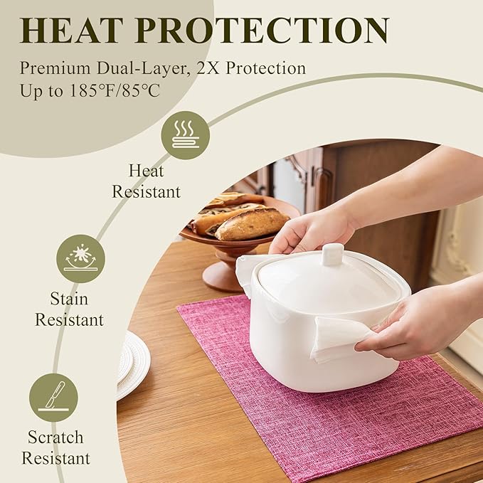 KXN Placemats Set of 4, Dual-Layer Thickened Faux Linen Table Mats, Heat Resistant & Wrinkle-Free, Machine Washable Cloth Place Mats for Kitchen Dining Indoor Outdoor (Pink)
