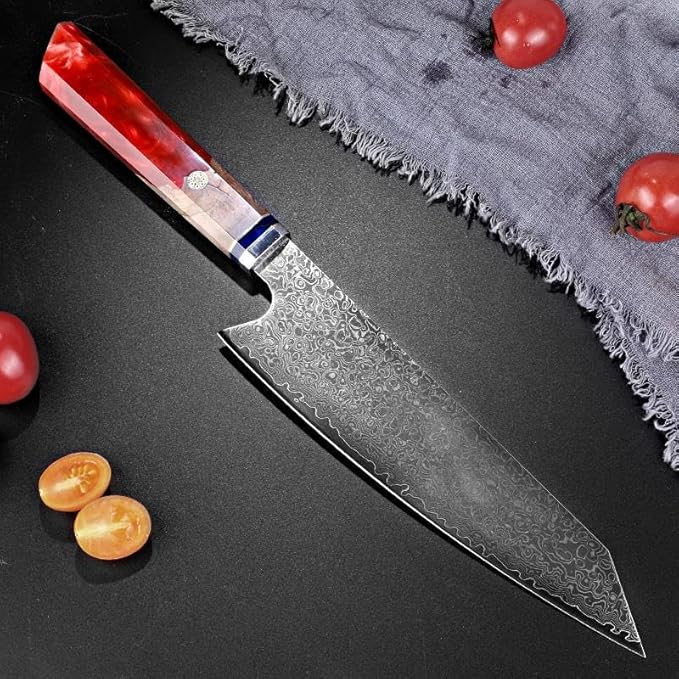 Seido Knives Kiritsuke Damascus Steel Chef Knife Epoxy Resin Stabilized Wood Handle Professional Kitchen Knife VG10 High Carbon Stainless Steel, Ruby Red