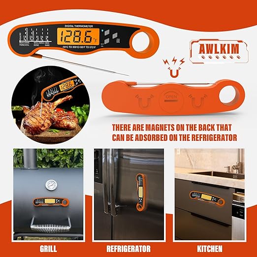 Meat Thermometer Digital - Fast Instant Read Thermometer for Cooking, Grilling, Candy Making, IP67 Waterproof with Backlight,Christmas Stocking Stuffers Gifts for Men, Dad, Husband - Orange