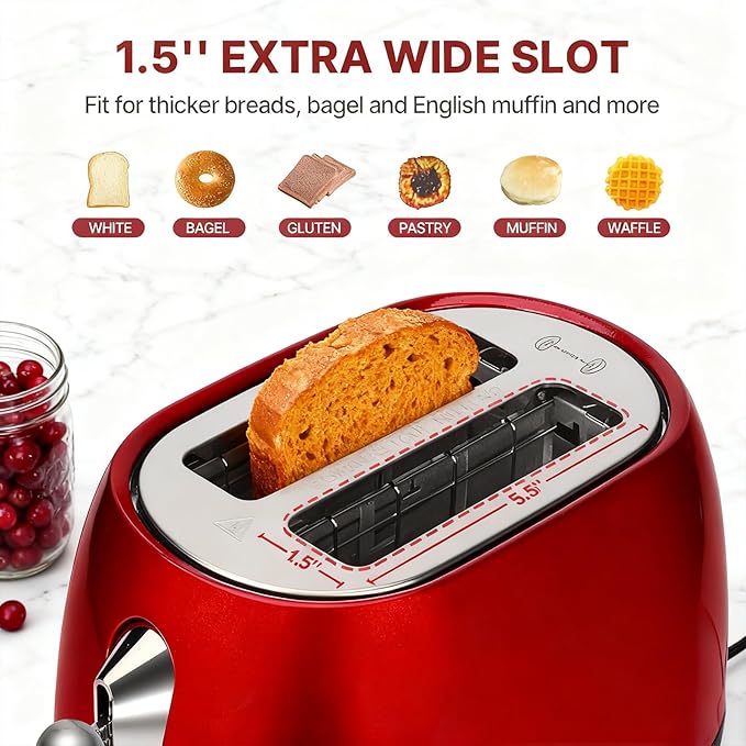 Toaster 2 Slice Smart Touch Screen, Retro 1.5'' Extra Wide Slot Stainless Steel Digital Bread Toaster with Memory Function, Bagel, Defrost, 6 Browning Levels and Removable Crumb Tray, Red