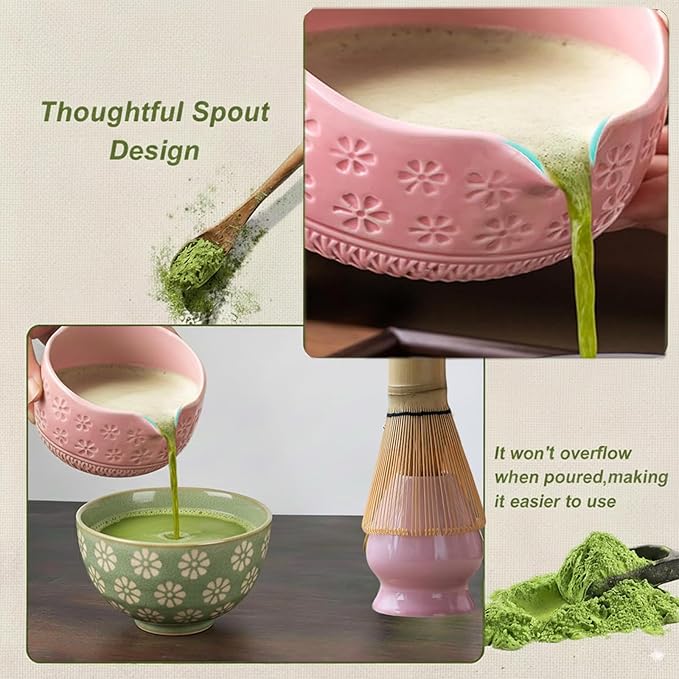 Pink Matcha Set - 5 Pcs Matcha Tea Set Includes Matcha Bowl with Spout, Bamboo Scoop, Sifter, Whisk and Holder, Matcha Whisk Set Pink Christmas Birthday Gift