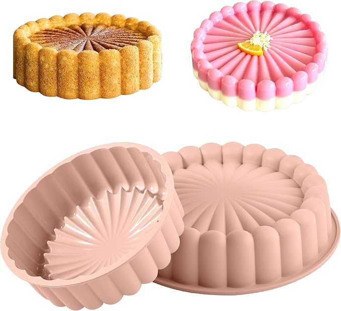 10 Inch Silicone Bundt Cake With 8 Inch Pan Set (2 Pack) - Nonstick Baking Mold for Pound Cake, Jello, Bread & Brownies, Dishwasher Safe, Pink