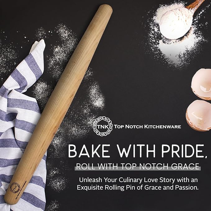 Top Notch Kitchenware | Sugar Maple French Style Rolling Pin | Tapered Solid Wood Design | Perfect for Baking Enthusiasts | Dough Roller | USA Made