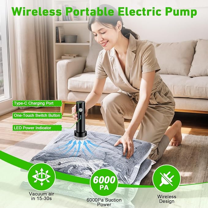 Vacuum Seal Bags for Clothing with Wireless Electric Pump - Travel & Home Use, 9 Pack Ideal Space Saver Vacuum Storage Bags, Travel Vacuum Bags for Luggage