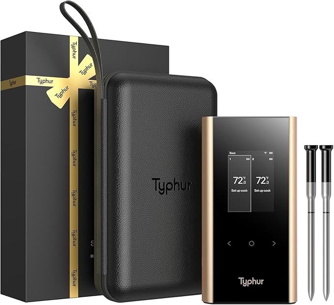 Typhur Sync Gold Dual Gift Set, WiFi Wireless Meat Thermometer with 2 Slim Probes & Storage Case, 6 Sensors, 10x Stronger Signal, Smart Base, ±0.5℉ Accuracy, for Grill BBQ Oven Smoker