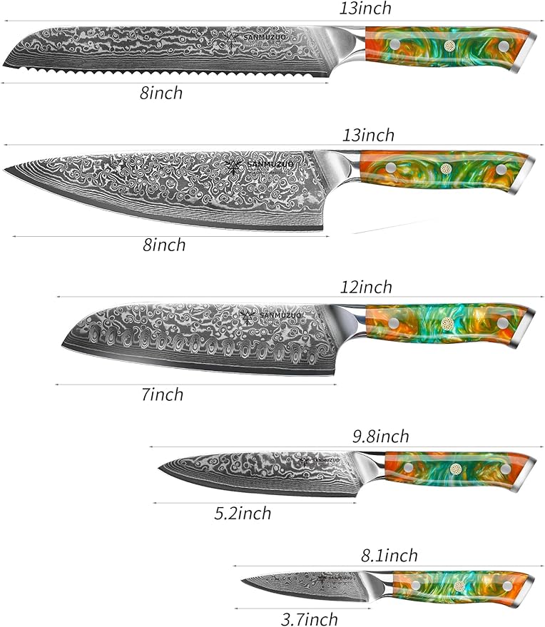 Chef Cooking Knives Set- Kitchen Knife Set of 5 Piece - Ultra-Sharp VG10 Damascus Steel & Resin Handle - Xuan Series (Fantasy Orange)