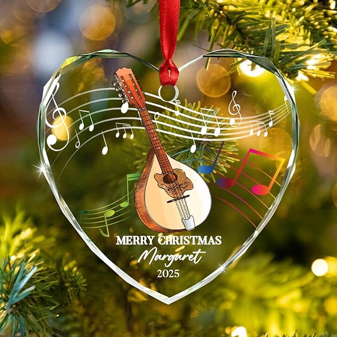 Personalized Mandolin Musical Instrument Glass Ornament, Customized Year Text Name Christmas Ornaments Gift for Mandolinist Women Men Mandolin Musical Player, Mandolins Instrument Glass Xmas Ornament
