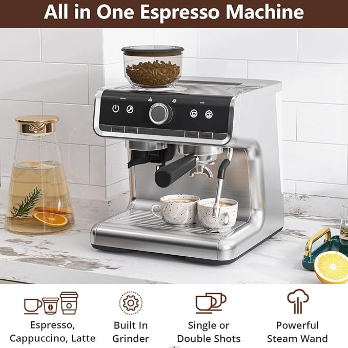 Garvee Super Automatic Espresso Machine with TFT Display, Auto Milk Frother & Grinder, 20 Bar, 6 Custom Drinks, Chrome-Silver with Gold Accents, Compact for Home Barista