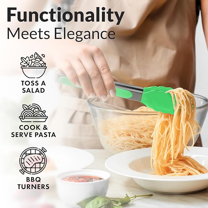 Zulay Stainless Steel Kitchen Tongs with Silicone Tips - Set of 2 (9” & 12”) Locking Cooking Tongs with Non-Slip Grip - Heat Resistant, BBQ Food Tongs for Non-Stick Cooking Pans (Silver/Light Green)