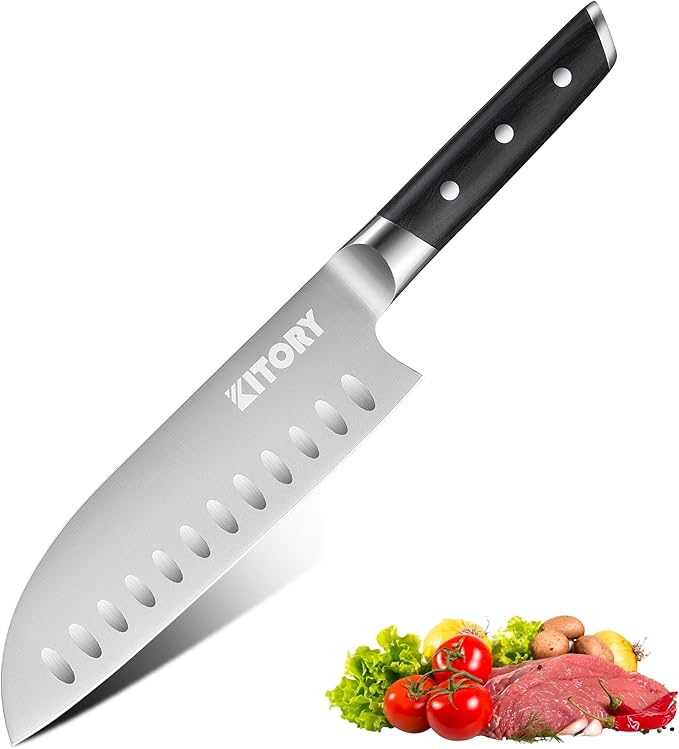 Kitory Santoku Knife - 7 Inch Full Tang GRANTON BLADE Kitchen Knife - Chef Knife for Chopping Vegetables- Forged German High Carbon Steel -2024 Gifts