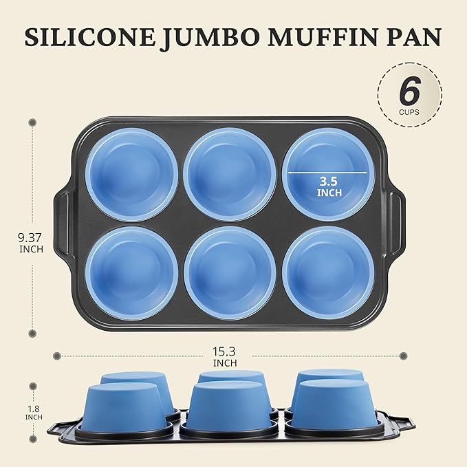 BRONYPRO Jumbo Silicone Muffin Pan with Metal Frame, 3.5" Large Muffin Tins, Non-Toxic Food Grade Silicone, Non-Stick for Egg Bites & Big Cupcakes, Oven Safe, Blue