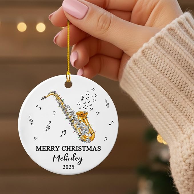 Customized Year Text Name Alto Saxophone Player Ceramic Ornament, Personalized Alto Saxophone Instrument Xmas Ornaments Gift for Women Men Friends Husband Wife, Unique Musical Lover Ceramic Ornament