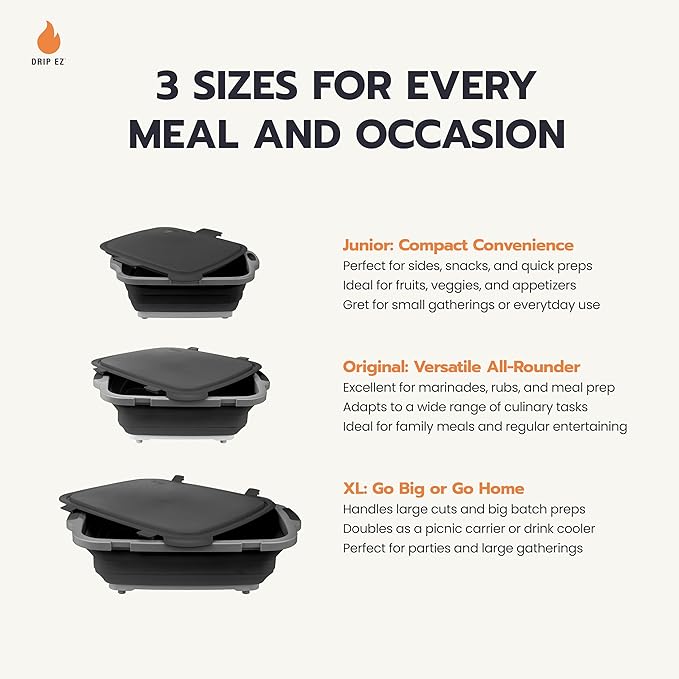 Drip EZ Collapsible BBQ Prep Tubs 3-Piece Set - For Meal Prep Marinating Food Storage - Includes Cutting Board & Lid - (1) JR + (1) OG + (1) XL - Sandstone