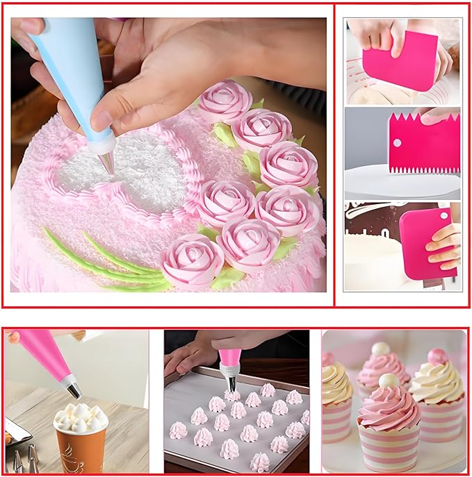 90 Pcs Cake Decorating Kit with Cake Turntable,Cake Leveler,24 Numbered Icing Piping Tips,2 Spatulas,3 Comb Scrapers,2 Couplers,5 Bag Ties and 50 Disposable Pastry Bags