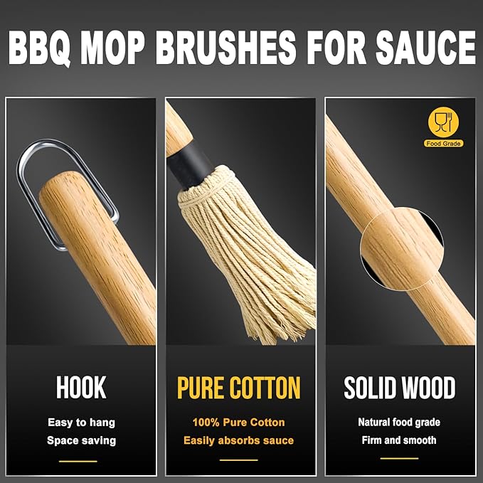 Walfos Basting Brush Silicone and BBQ Mop, Grill Basting Mop with 3 Heads and 2Pcs Pastry Brushes, Wooden Long Handle, Heat Resistant for Grilling, Smoking Steak, Kitchen Cooking (18"）