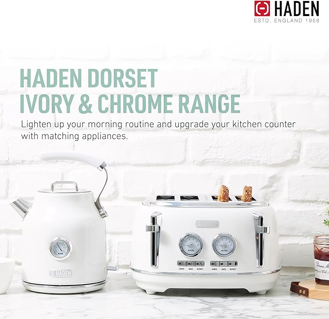 Haden Dorset 4 Slice Wide Slot Stainless Steel Toaster with Adjustable Browning Control & Non-Slip Feet, Ivory & Chrome