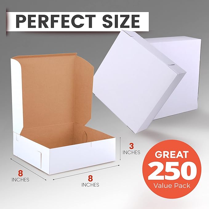 Fit Meal Prep Bakery Boxes - 250 Pack, 8 x 8 x 3 Inches, Kraft Lining, Pastry, Pie, Cookie, Dessert Boxes for Cupcakes, Chocolates, Donuts, Macarons