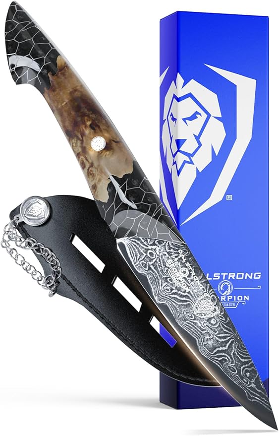 Dalstrong Paring Knife With Cover- 4”-Scorpion Series - Venom Edition - Japanese Steel Chef Knife - Spiral Sandstorm Blade Pattern - Black Honeycomb Resin Handle - w/Leather Sheath