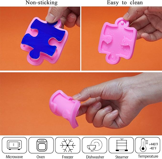 2 Pieces Puzzle Silicone Mold Handmade Puzzle Keychain Mold Silicone Baking Mold with Hole and 10 Pieces Key Rings for DIY Keychains, Chocolate, Cake, Pudding, Ice Cream, Jelly