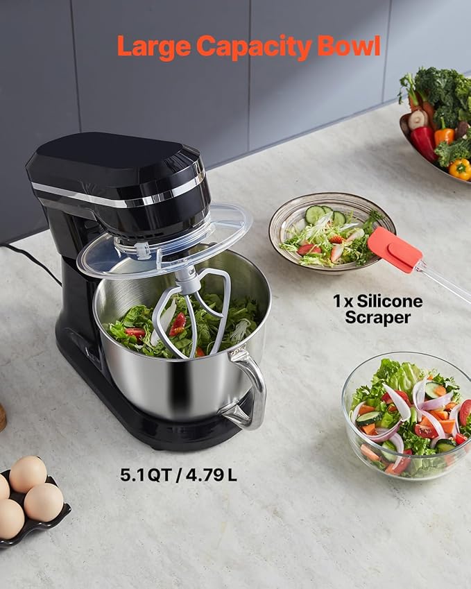 VEVOR Stand Mixer, 5QT Dough Mixer, 10+P Speeds Tilt-head Food Mixer, Kitchen Mixer with Stainless Steel Bowl, Dough Hook, Wire Whip, Beater, Scraper, Household Stand Mixer for Baking Mixing, Black