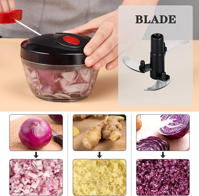 Cambom Manual Food Chopper Vegetable Cutter, Hand String Vegetable Chopper Onions Cutter for Vegetable Fruits Nuts BPA Free Food Safe Material, 550ml Black