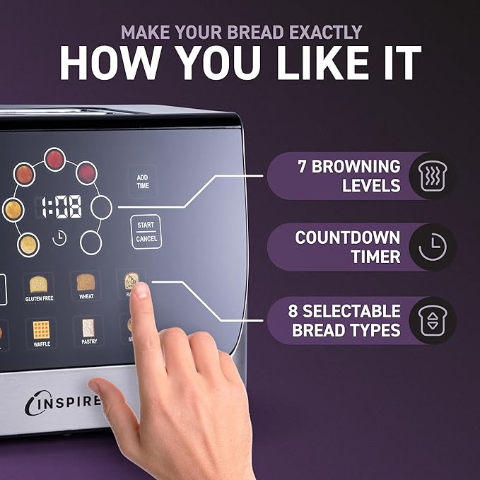 Inspirex Touch Screen Display Smart Toaster, 2 Slice with 8 Bread Type and 7 Browning Modes, Automatic Lowering and Raising, Digital Countdown, Modern Style, Stainless Steel